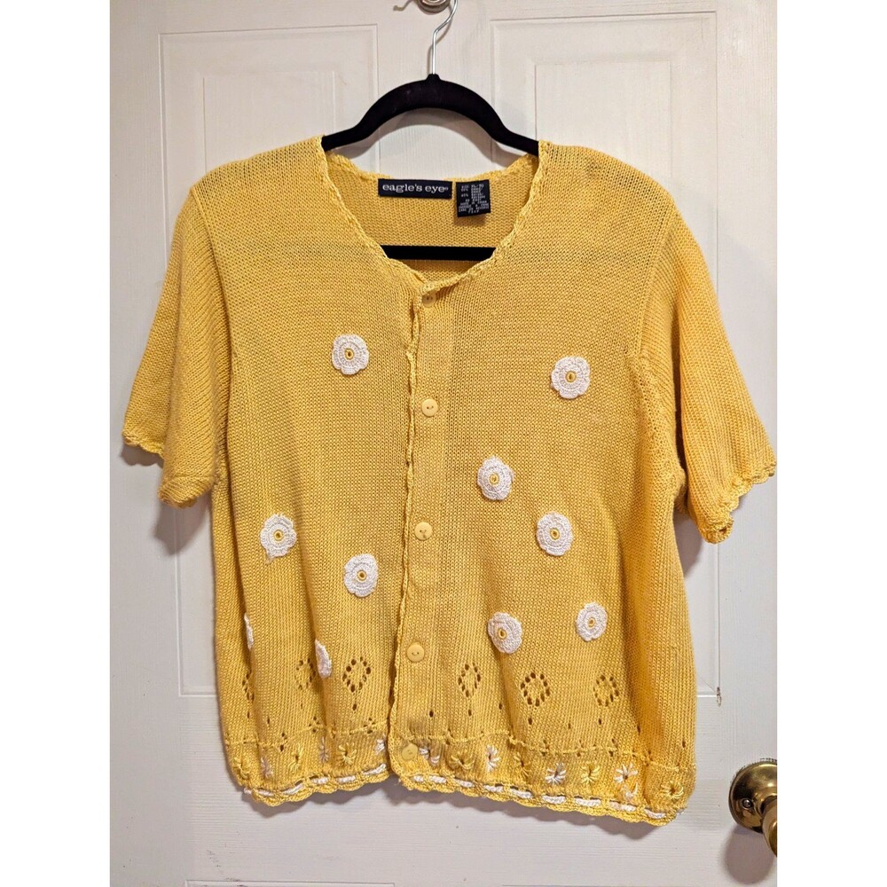 HTF Vintage 90s Eagle's Eye Yellow Cardigan Crochet Daisy Cottagecore XL Sweater